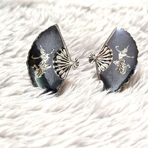 Vintage 30's-40's Sterling Silver Niello Dancer Screw Back Earrings Fan Shaped